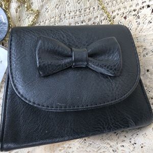 Lulu Black Mini Evening Bag with Bow and Goldtone Chain Strap